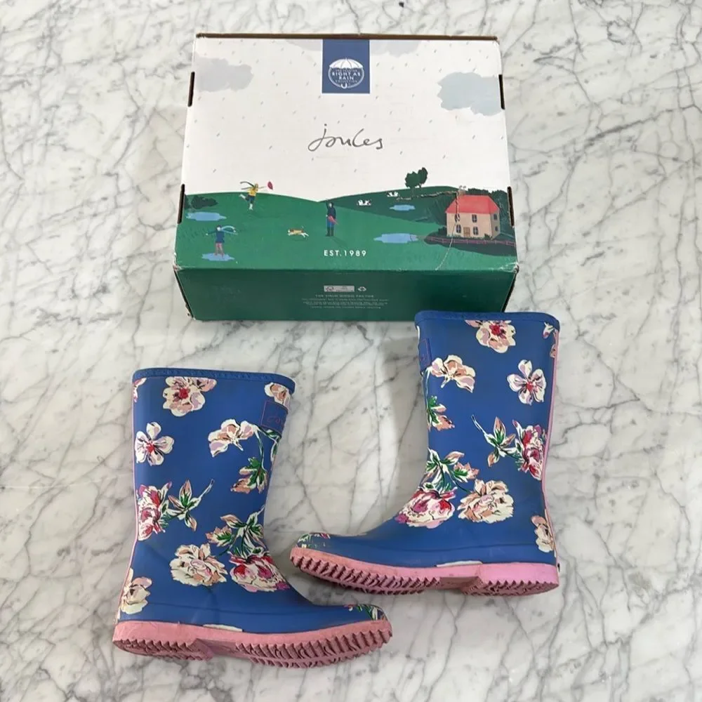 Joules Roll Up Blue Floral Wellingtons Rain boots Sz 3 Junior